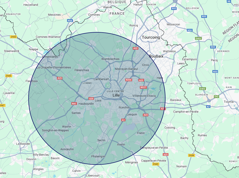 Zone d'action, 15km autour de Loos.